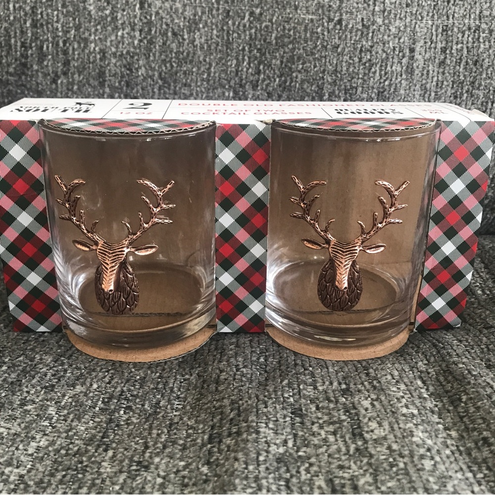 NEW North Pole South set of 2 Double Old Fashioned Glasses DEER